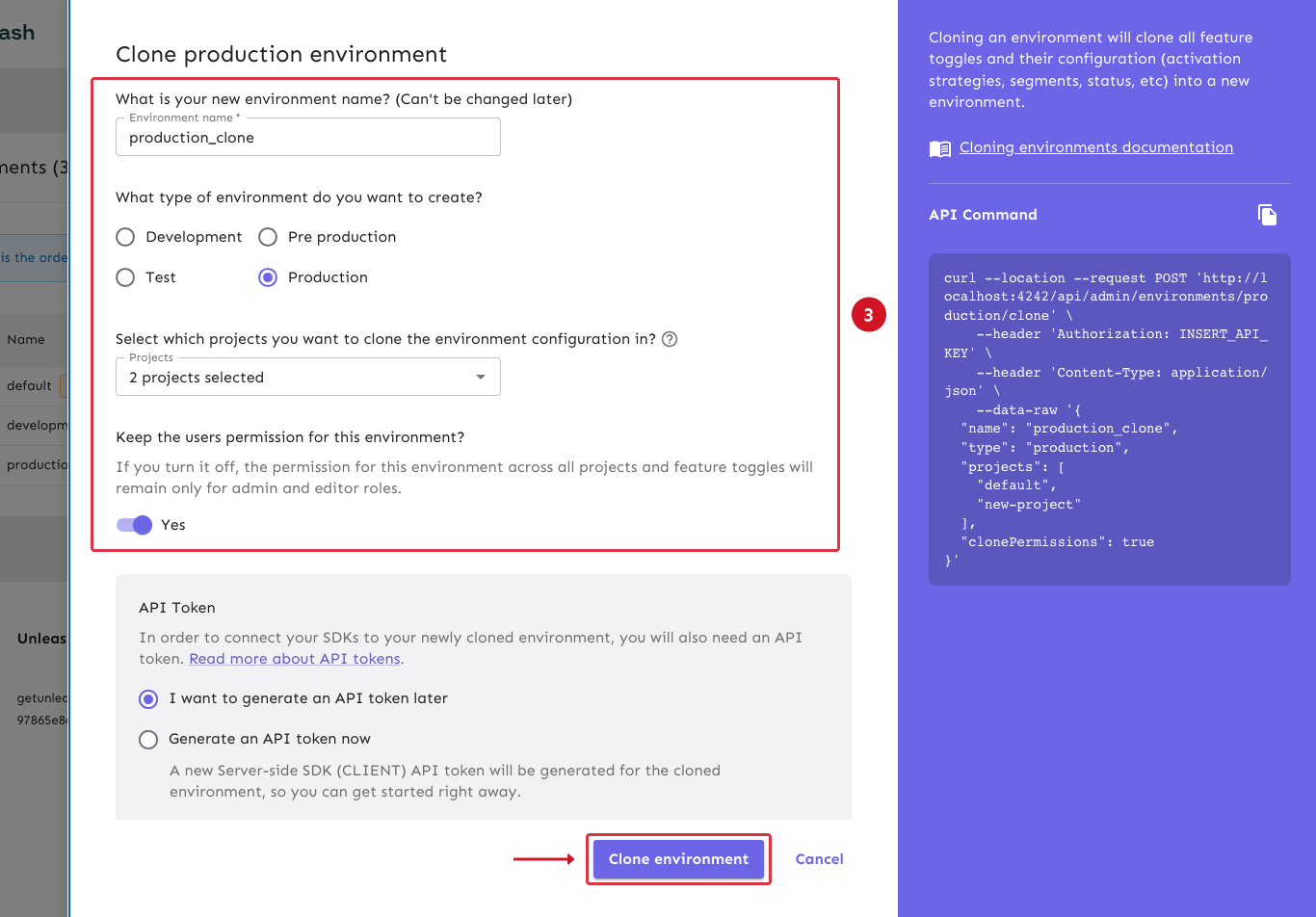 The clone environment form filled with some example data, and the Clone environment button highlighted at the bottom.